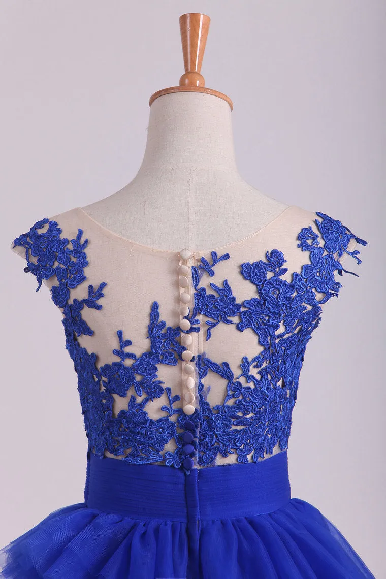 2024 Dark Royal Blue Bateau A Line Evening Dresses With Applique Tulle
