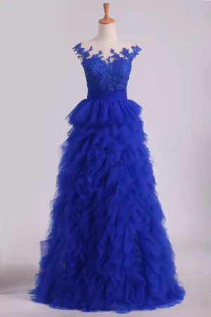 2024 Dark Royal Blue Bateau A Line Evening Dresses With Applique Tulle