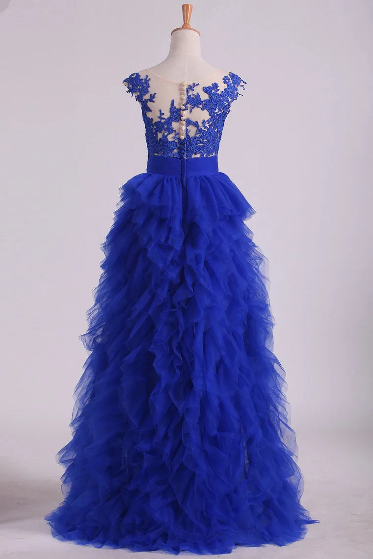 2024 Dark Royal Blue Bateau A Line Evening Dresses With Applique Tulle