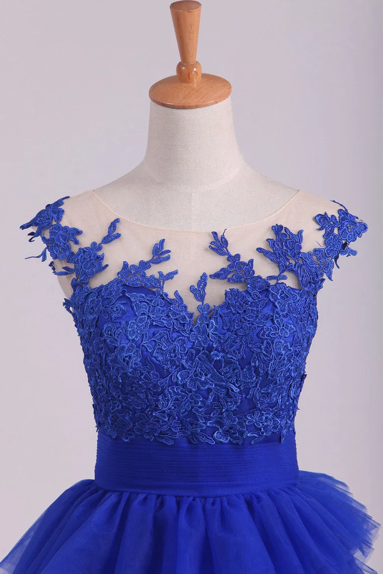 2024 Dark Royal Blue Bateau A Line Evening Dresses With Applique Tulle