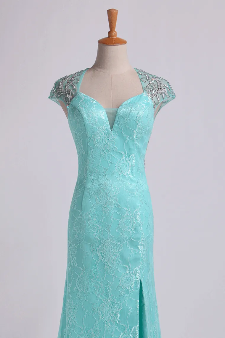 2024 Prom Dresses Lace Sheath/Column Beaded Tulle Back Floor-Length With Slit