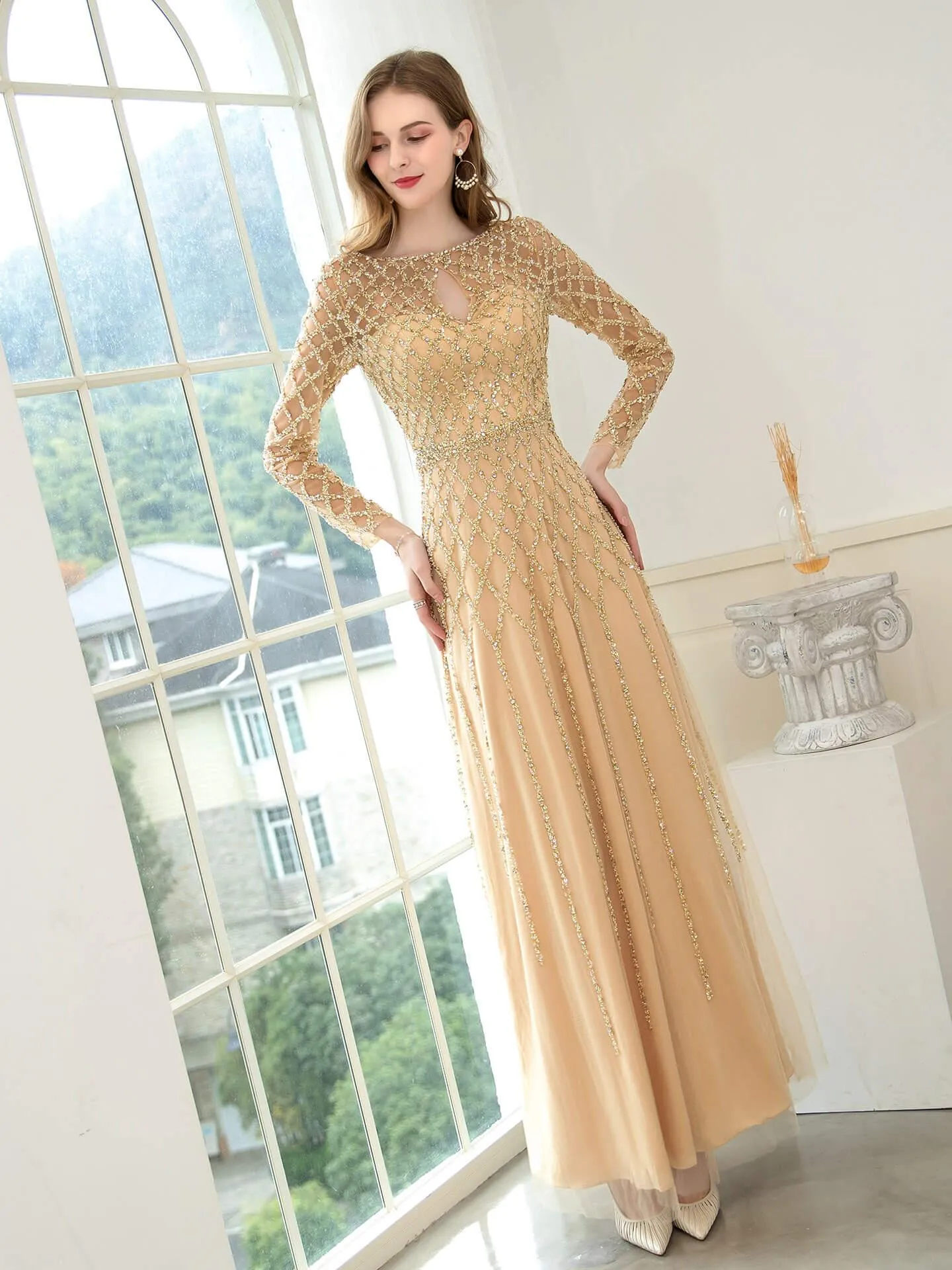 A-line Beaded Luxurious Fashion Formal Evening Dresses Long Sleeve Floor Length Prom Dresses