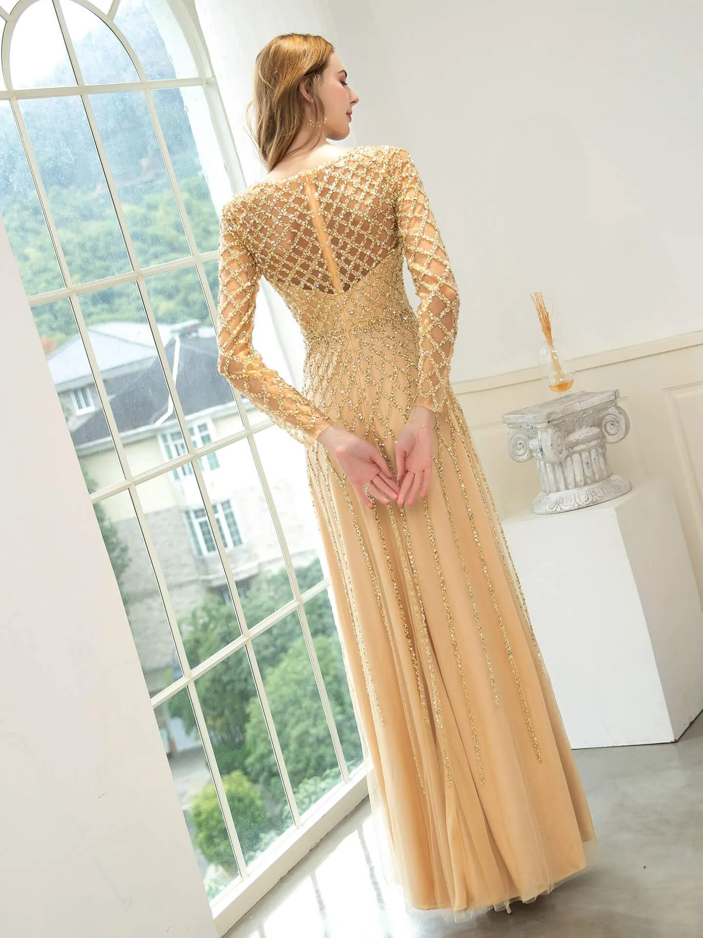 A-line Beaded Luxurious Fashion Formal Evening Dresses Long Sleeve Floor Length Prom Dresses
