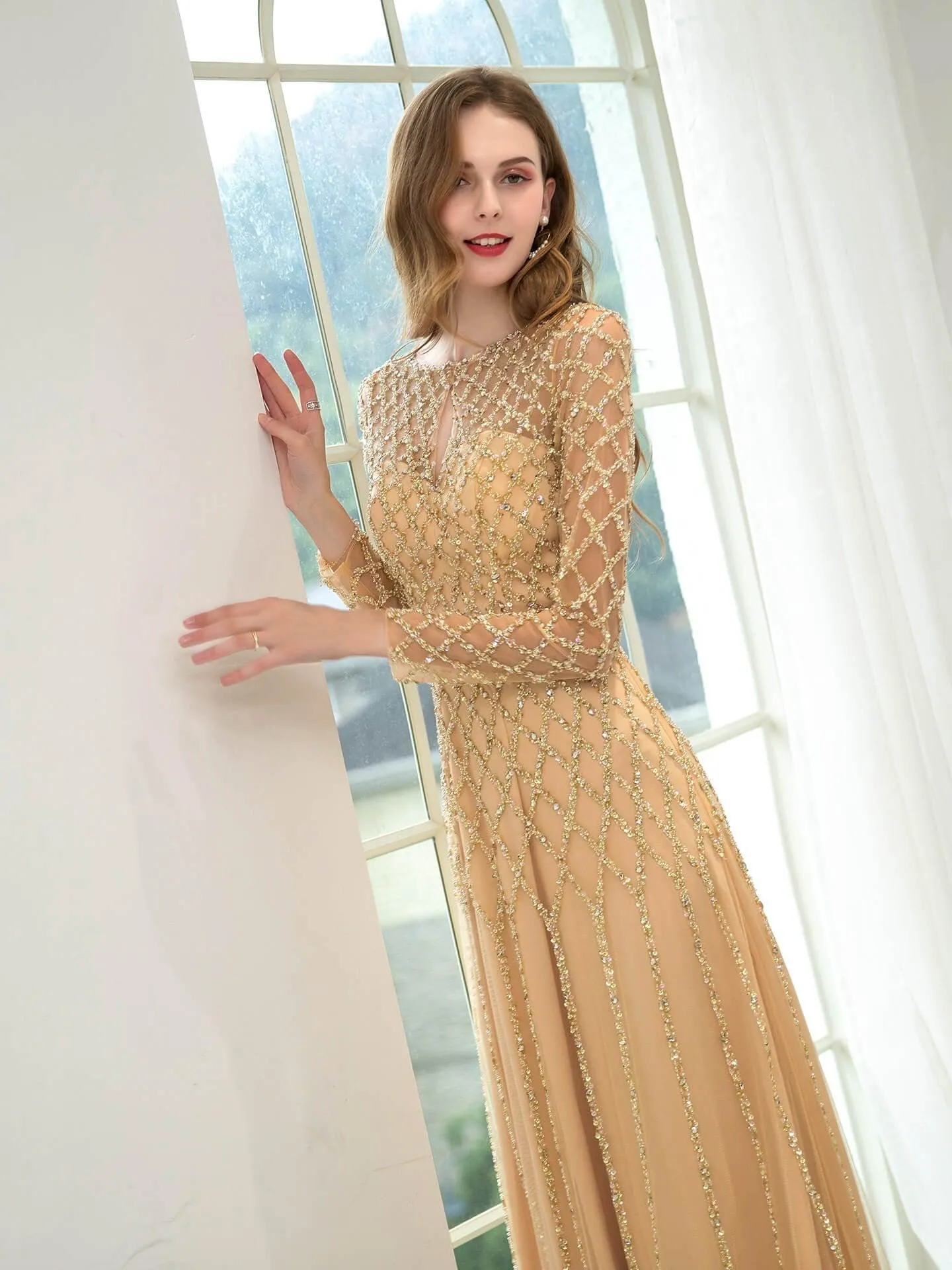 A-line Beaded Luxurious Fashion Formal Evening Dresses Long Sleeve Floor Length Prom Dresses