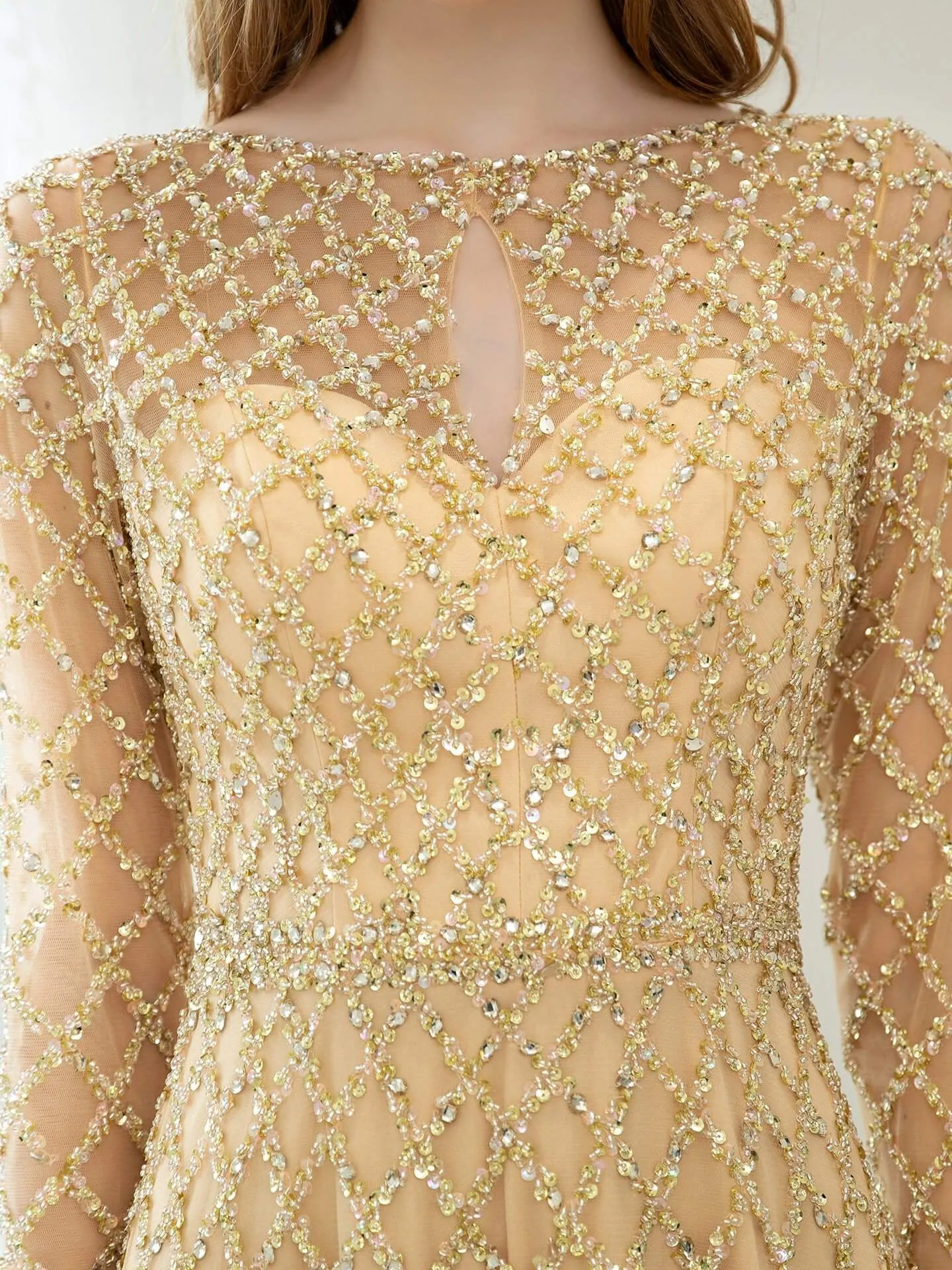 A-line Beaded Luxurious Fashion Formal Evening Dresses Long Sleeve Floor Length Prom Dresses