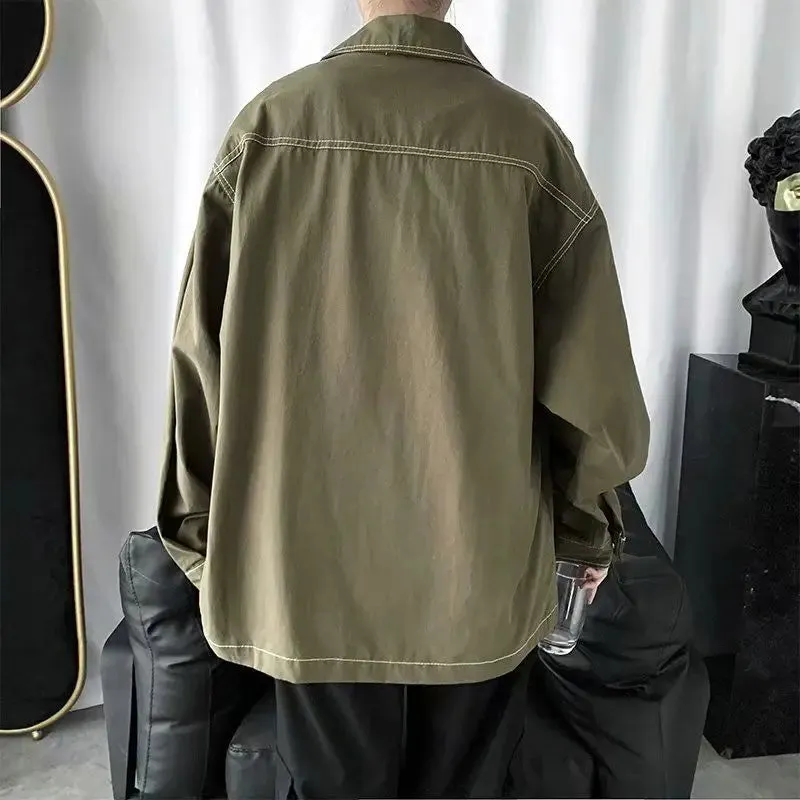 Aidase Versatile Fashion Atutumn Winter Men's Solid Casual Loose Pockets Denim Jacket Retro Coat Cool Boys Patchwork Pockets