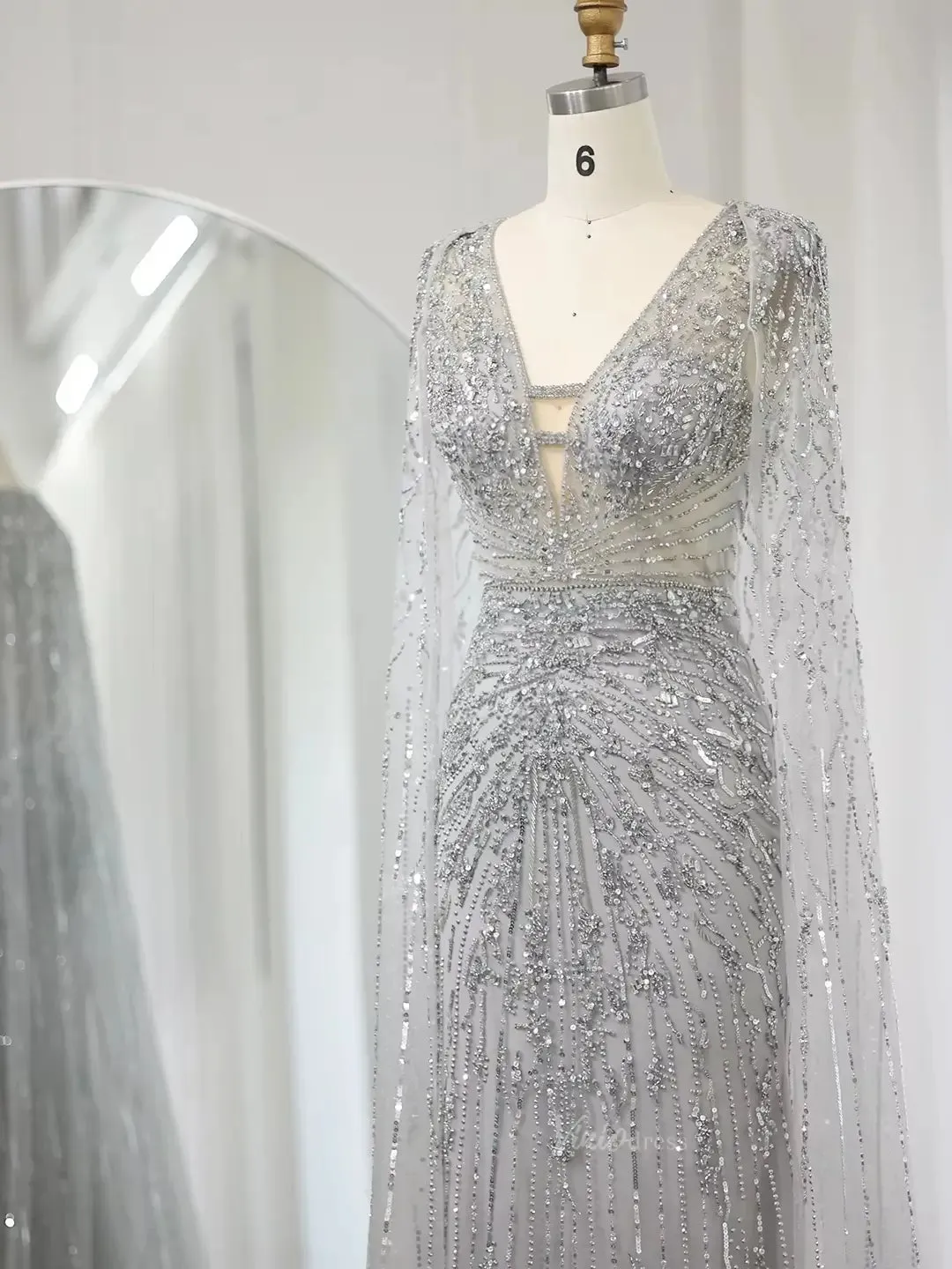 Beaded Cape Prom Dresses Elegant V-neck Formal Dresses Sheath BD049