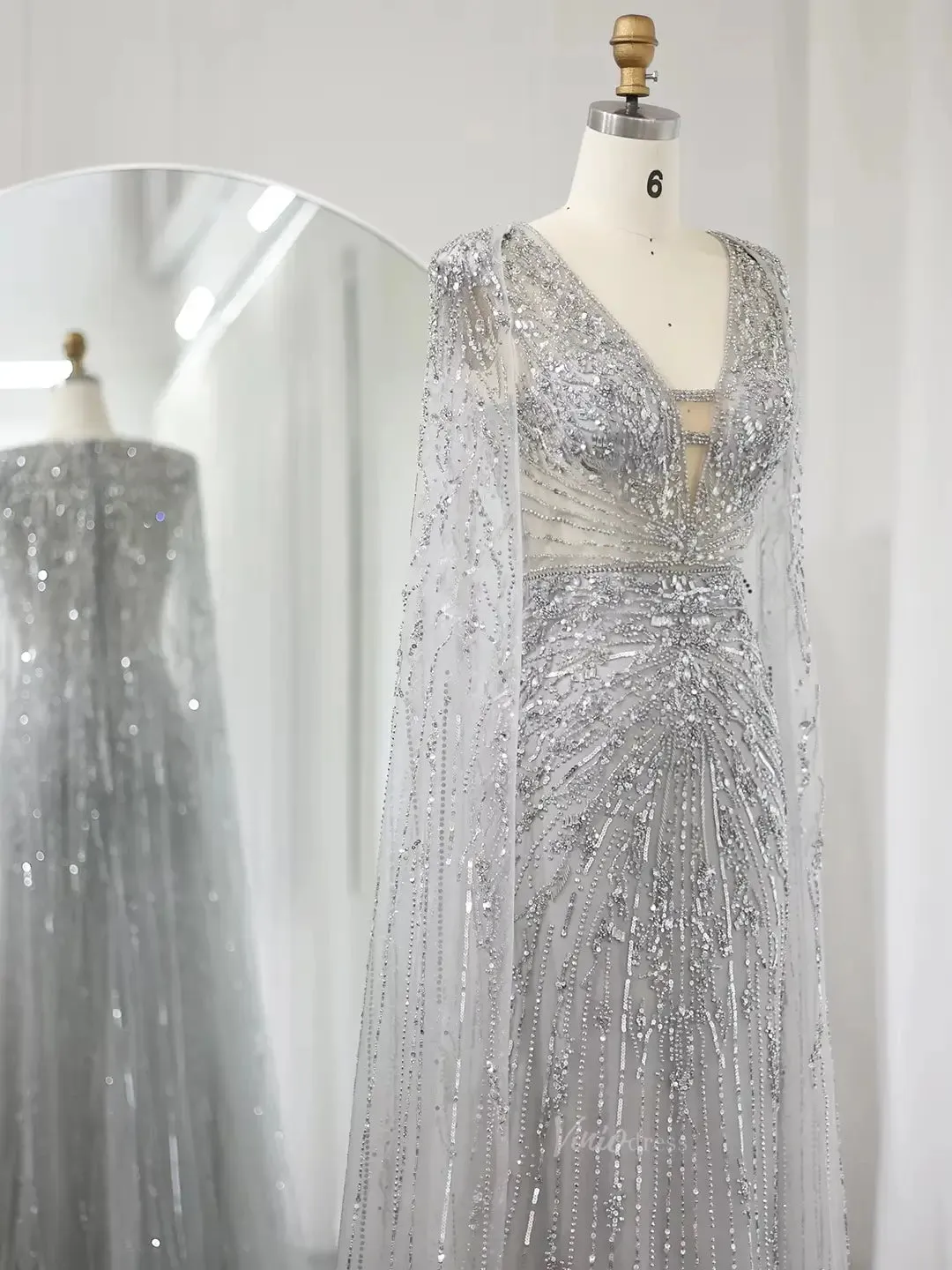 Beaded Cape Prom Dresses Elegant V-neck Formal Dresses Sheath BD049
