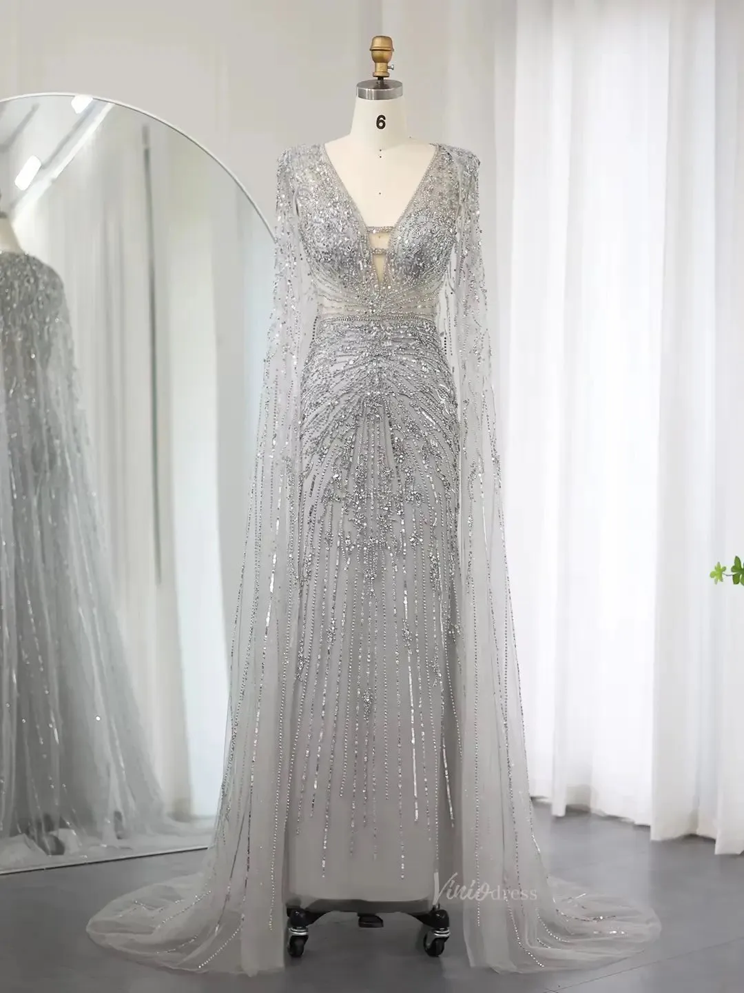 Beaded Cape Prom Dresses Elegant V-neck Formal Dresses Sheath BD049