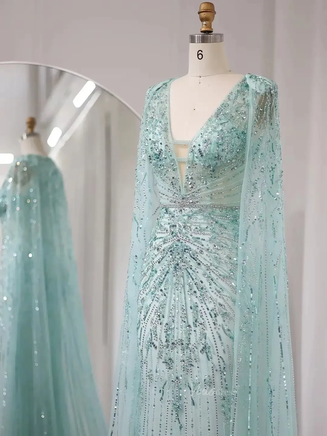 Beaded Cape Prom Dresses Elegant V-neck Formal Dresses Sheath BD049