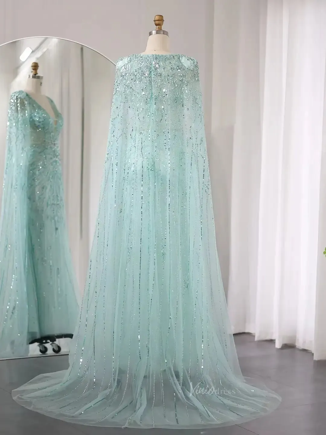 Beaded Cape Prom Dresses Elegant V-neck Formal Dresses Sheath BD049
