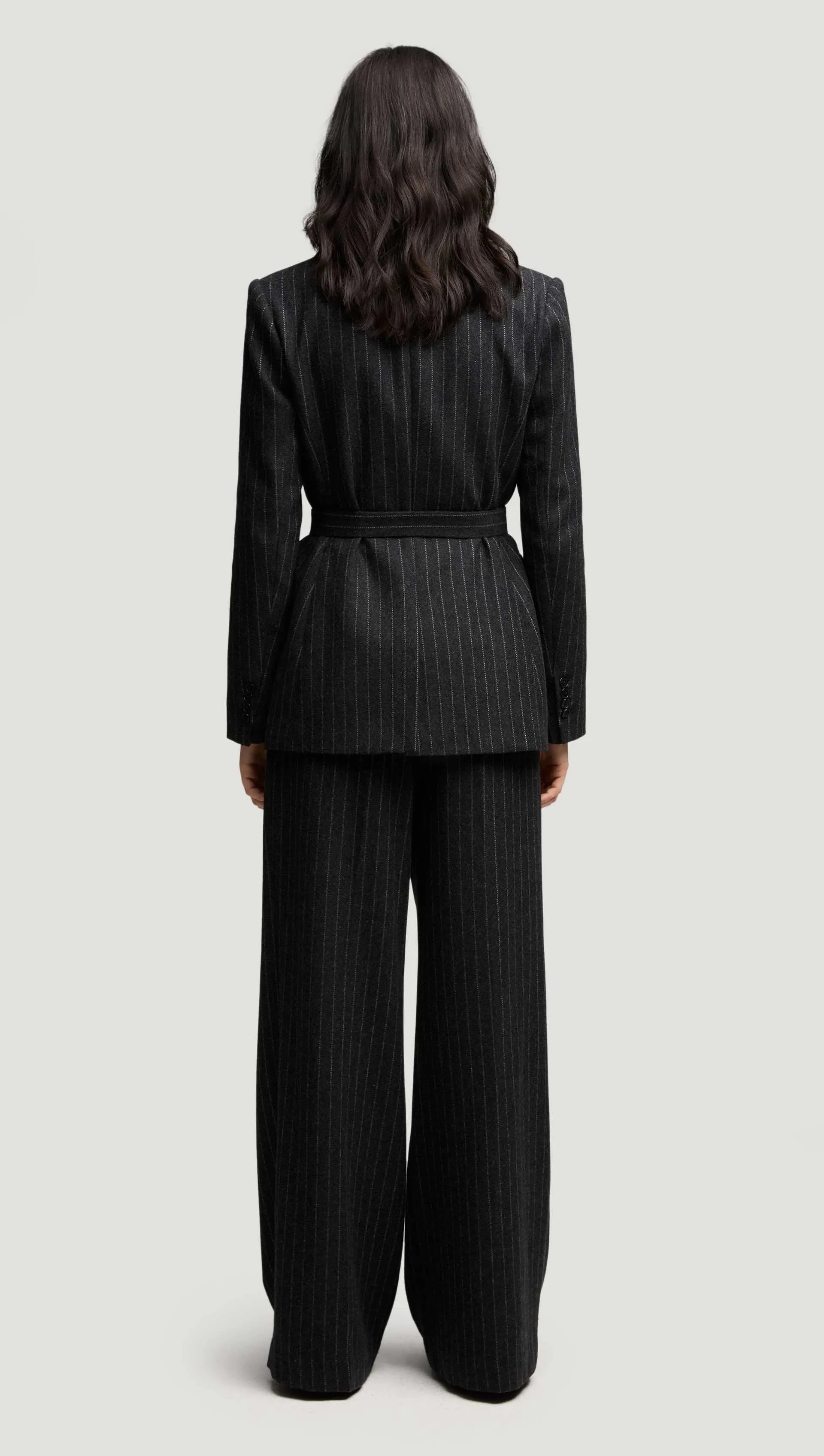 Belted Double-Breasted Blazer in Wool Blend | Grey Pinstripe