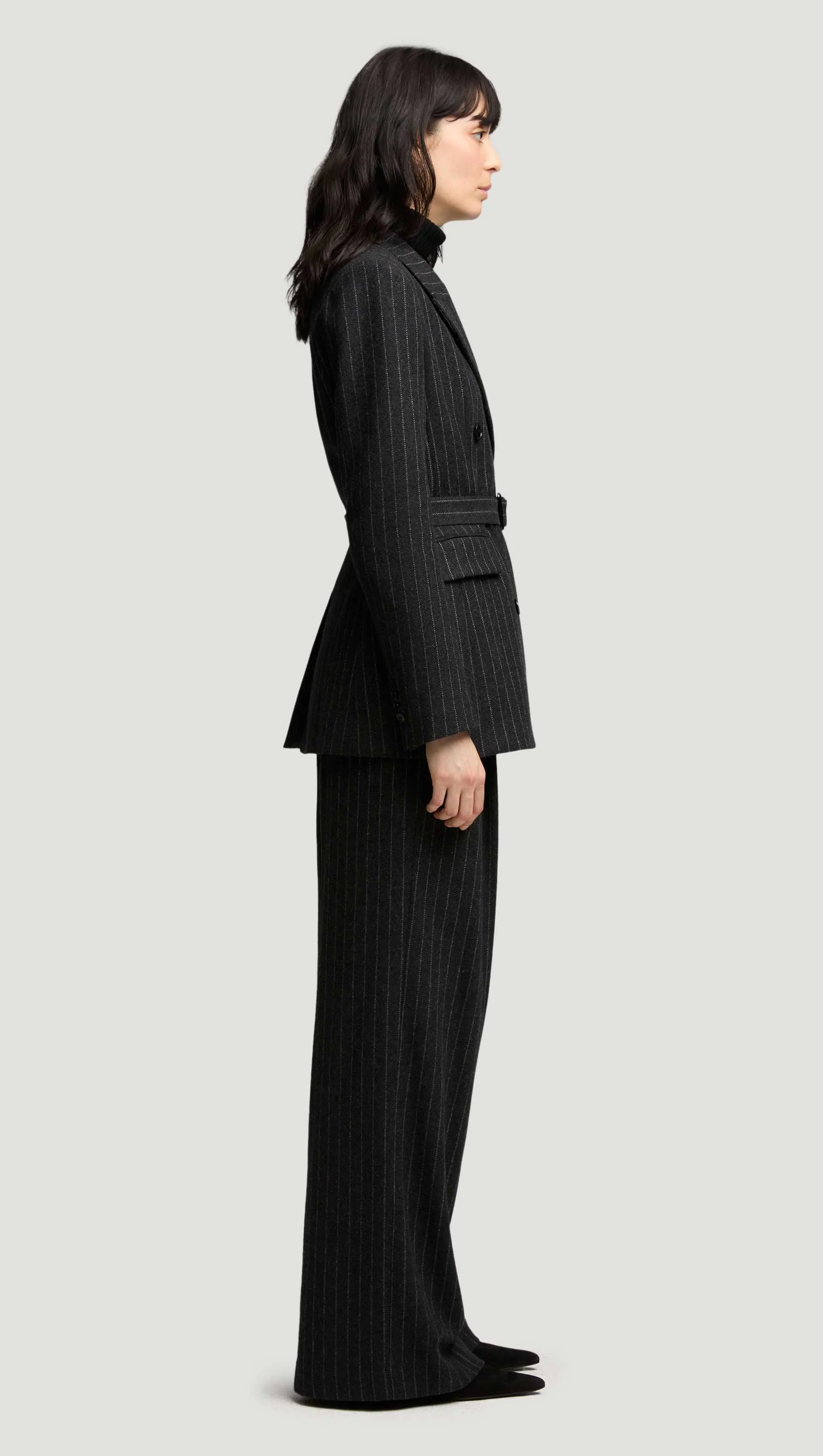 Belted Double-Breasted Blazer in Wool Blend | Grey Pinstripe