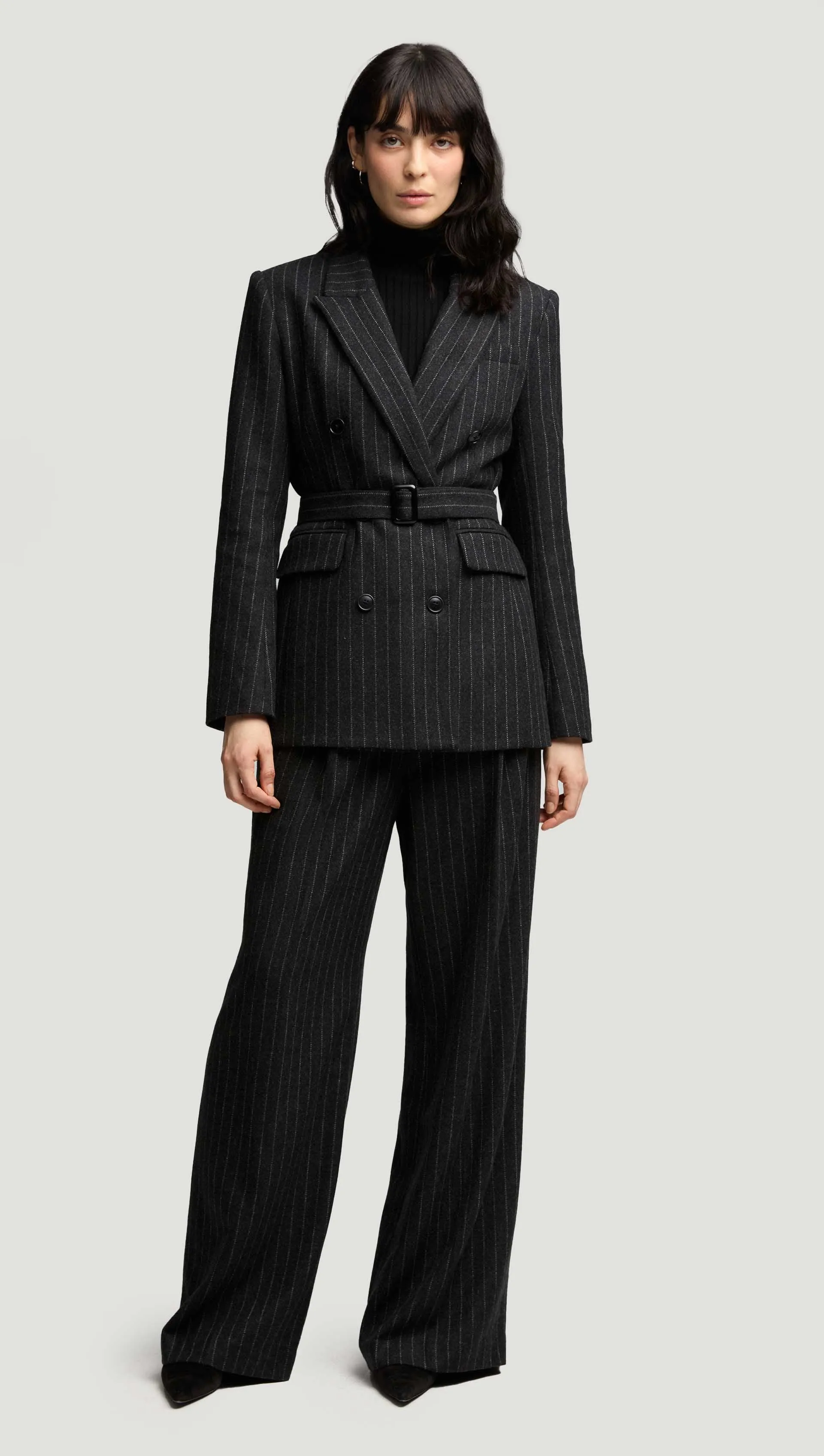 Belted Double-Breasted Blazer in Wool Blend | Grey Pinstripe