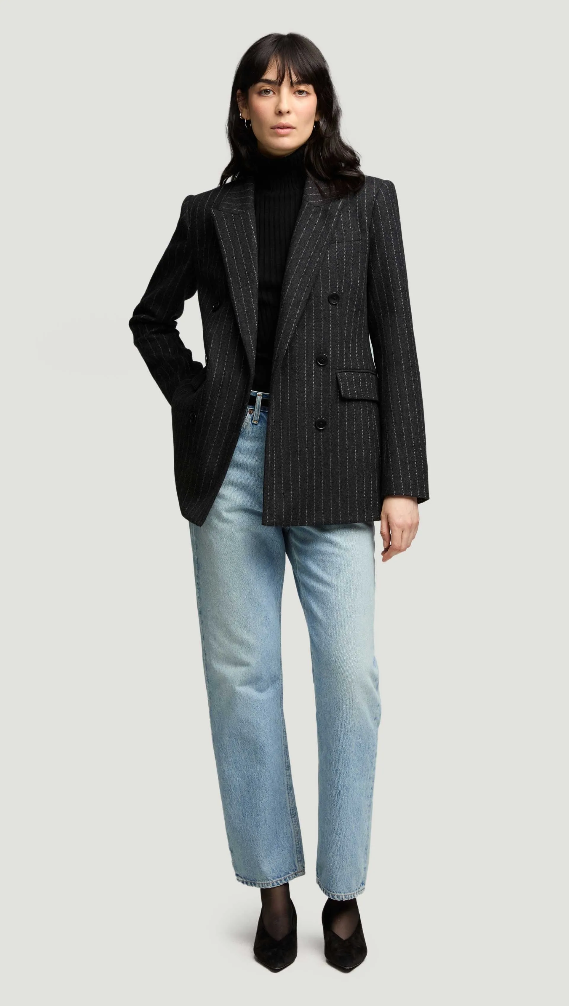Belted Double-Breasted Blazer in Wool Blend | Grey Pinstripe
