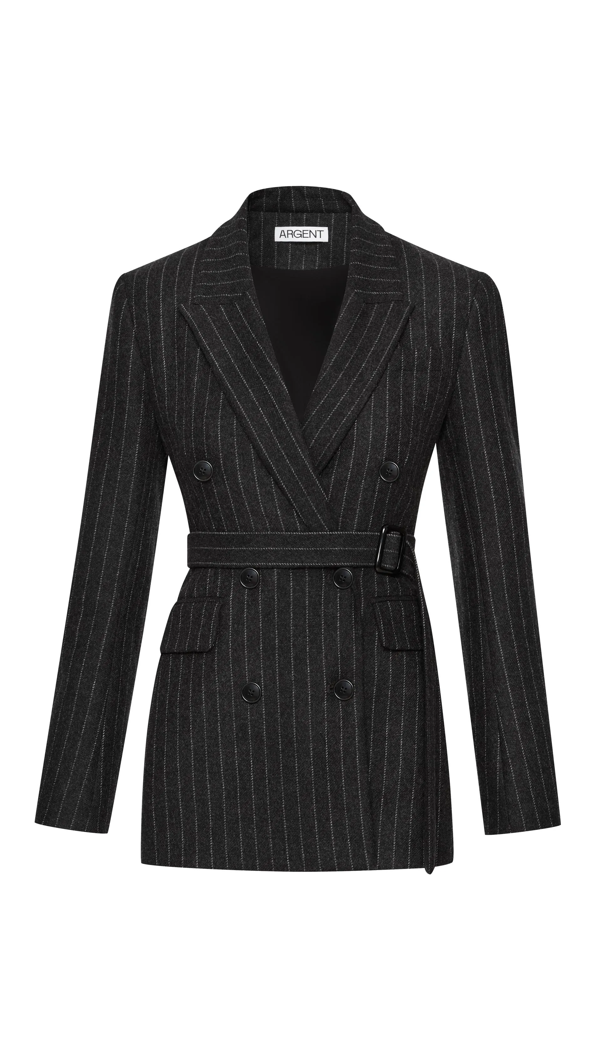 Belted Double-Breasted Blazer in Wool Blend | Grey Pinstripe