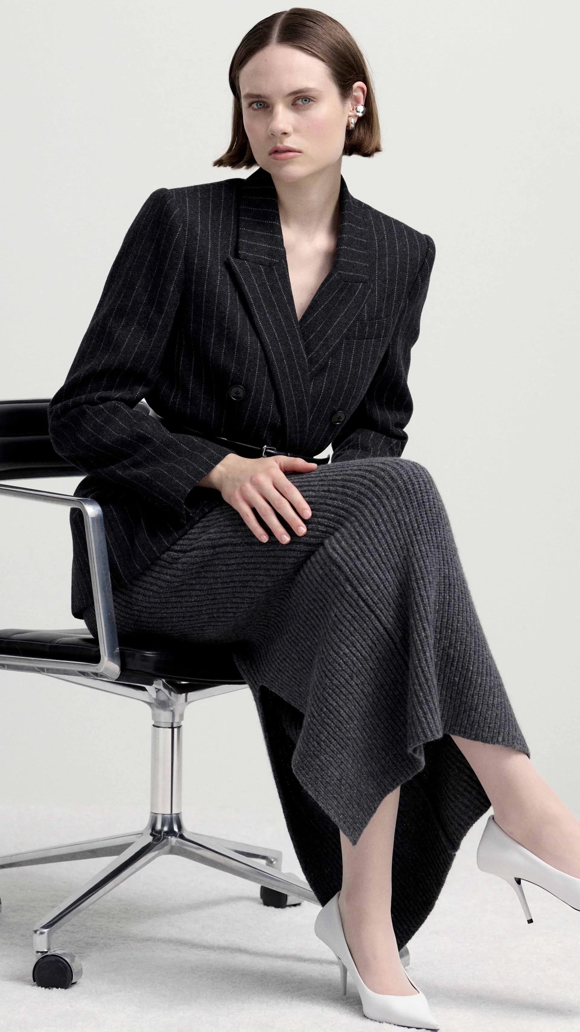 Belted Double-Breasted Blazer in Wool Blend | Grey Pinstripe