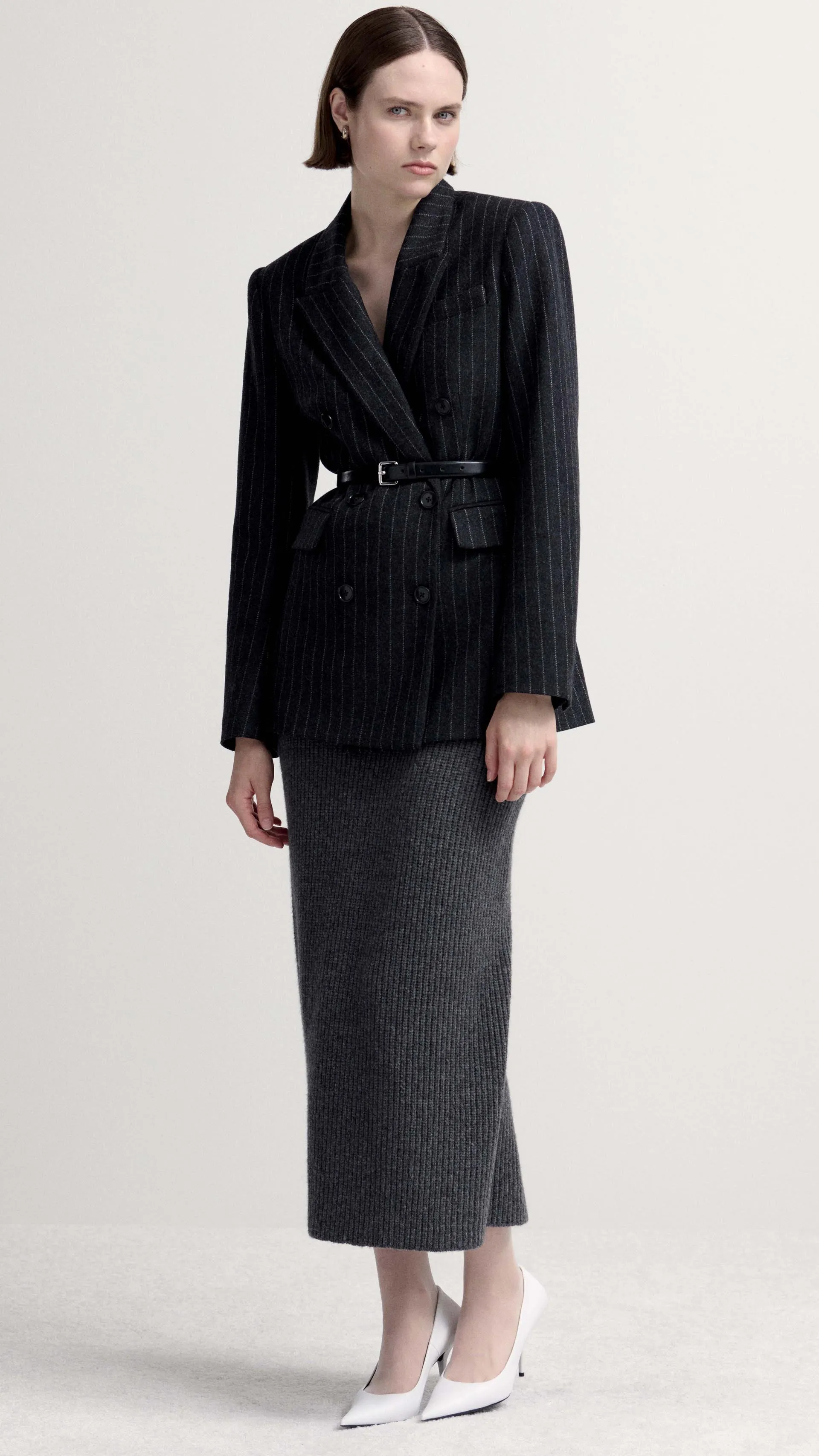 Belted Double-Breasted Blazer in Wool Blend | Grey Pinstripe