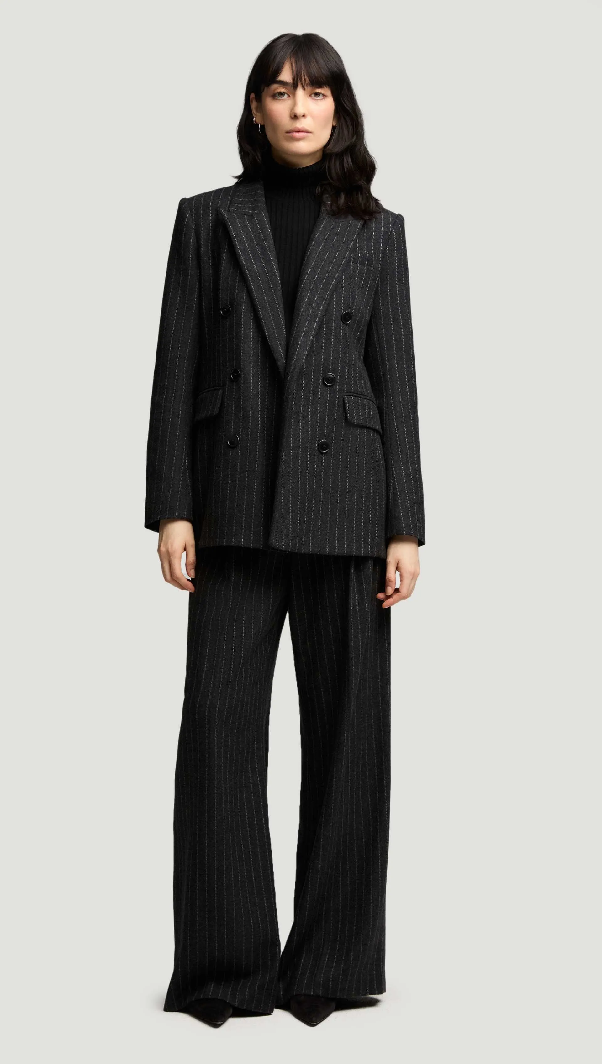 Belted Double-Breasted Blazer in Wool Blend | Grey Pinstripe