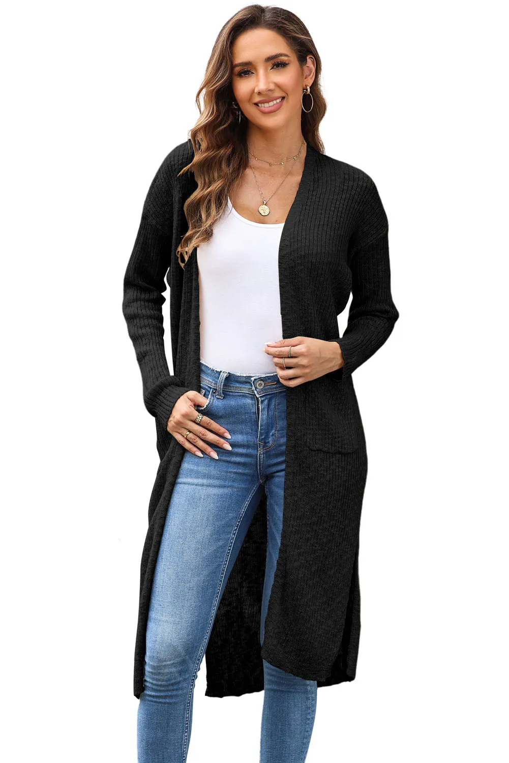 Black Chic Ribbed Knit Pocketed Long Cardigan