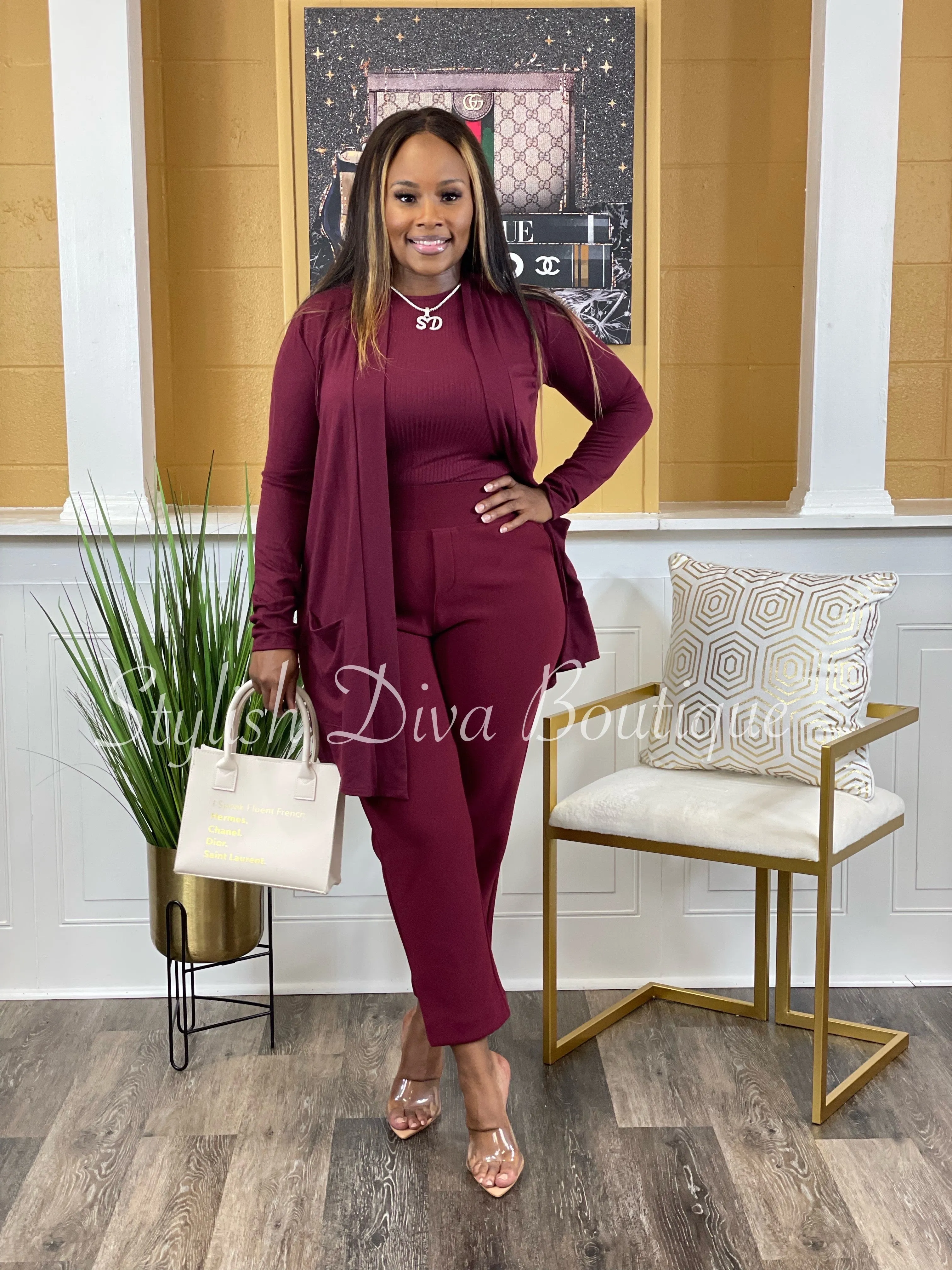 Business Inclusive 2pc Cardigan & Pants Set up to 3XL (Dk Burgundy)