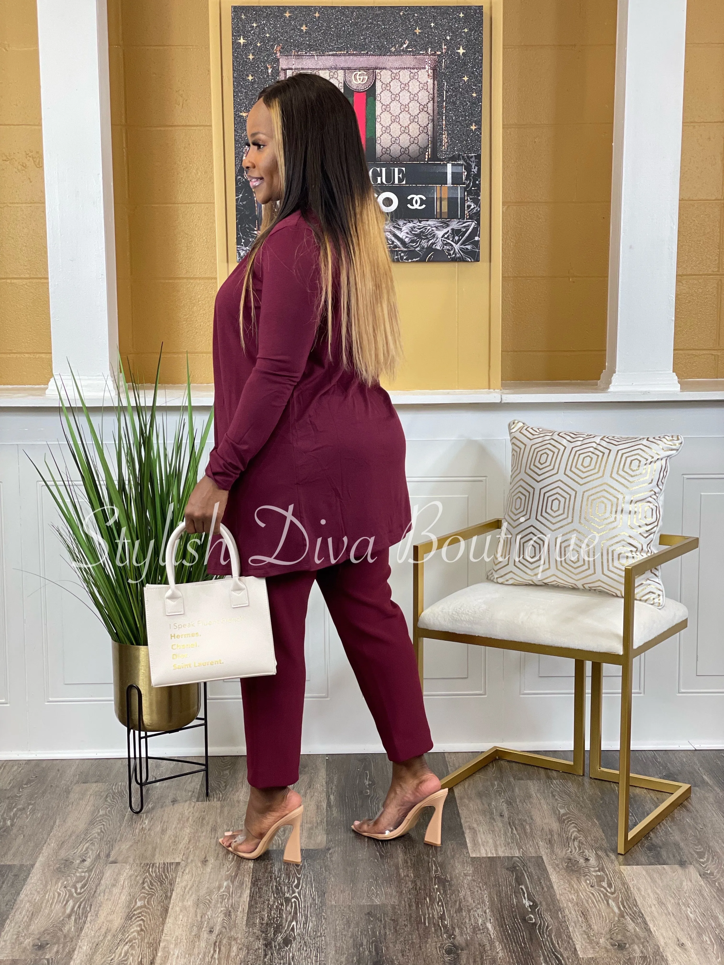 Business Inclusive 2pc Cardigan & Pants Set up to 3XL (Dk Burgundy)