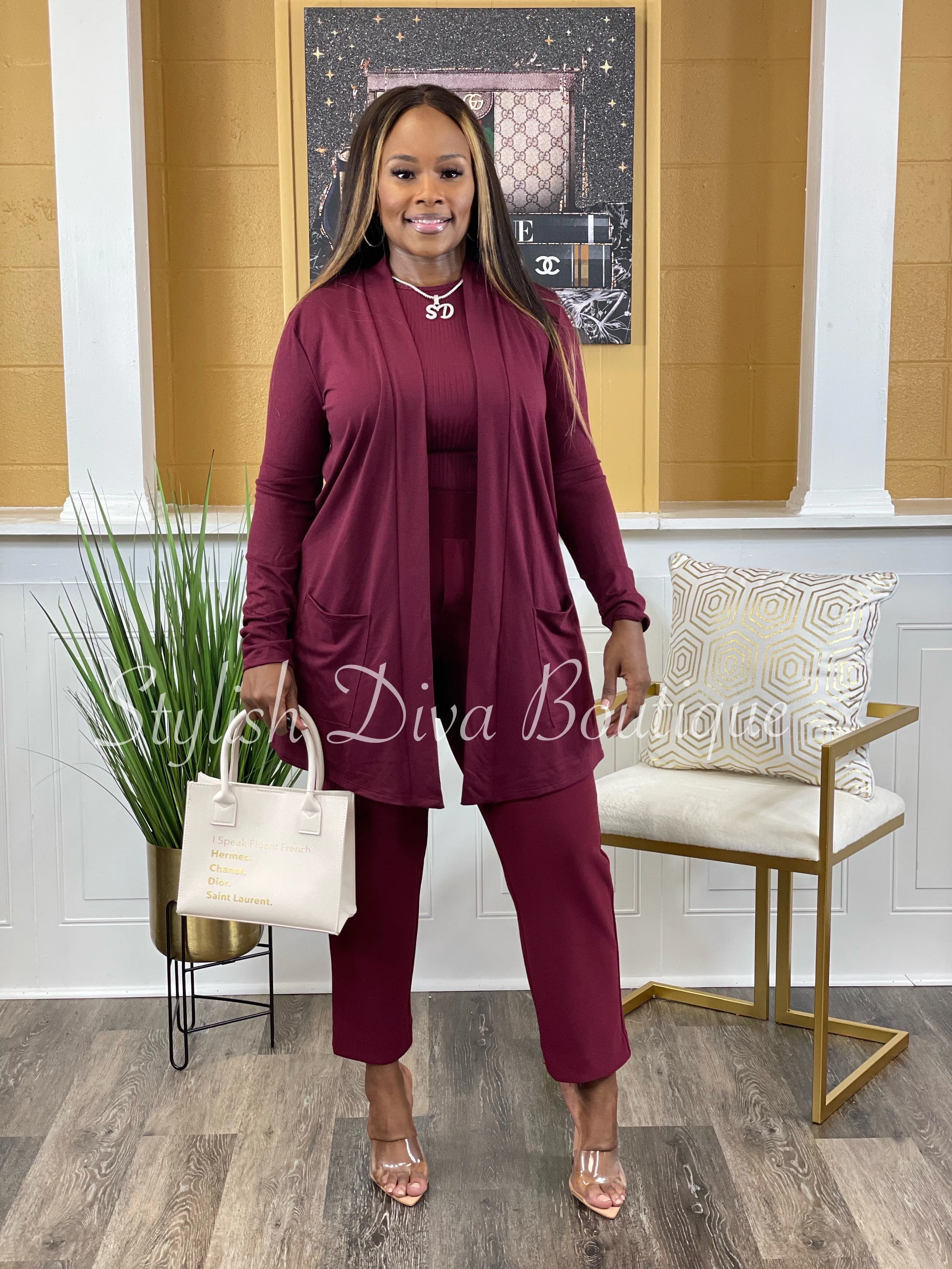 Business Inclusive 2pc Cardigan & Pants Set up to 3XL (Dk Burgundy)