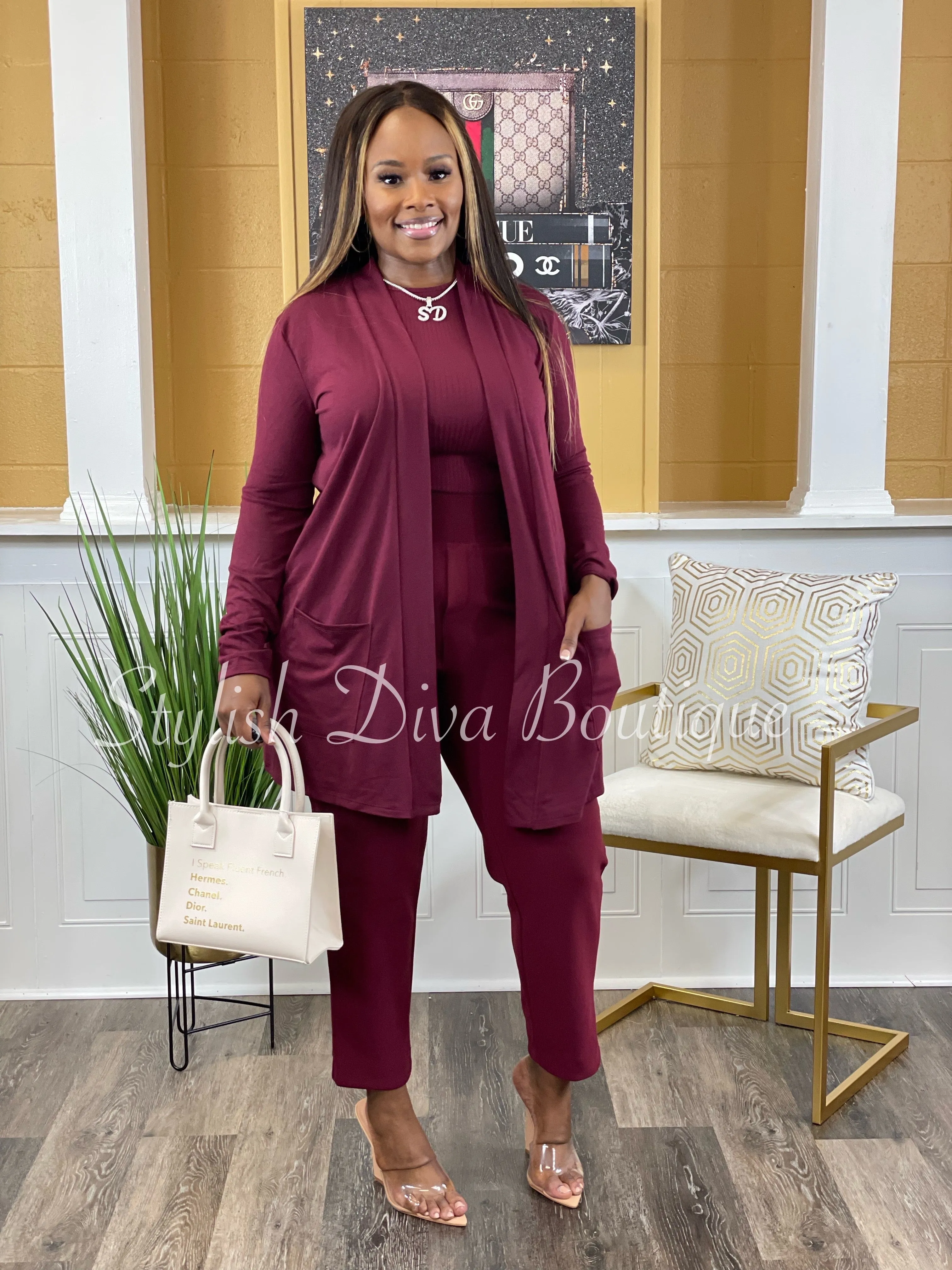 Business Inclusive 2pc Cardigan & Pants Set up to 3XL (Dk Burgundy)