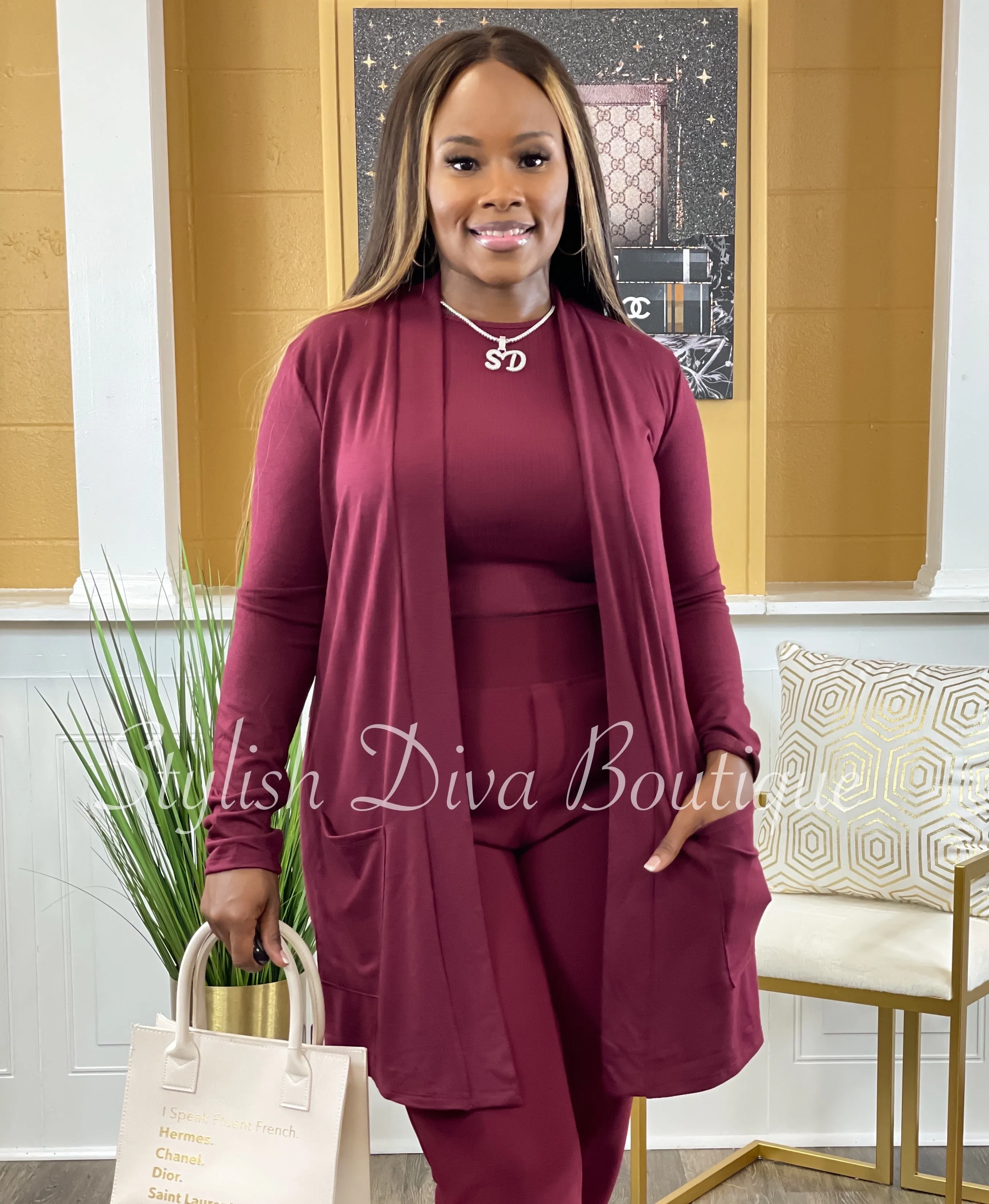 Business Inclusive 2pc Cardigan & Pants Set up to 3XL (Dk Burgundy)