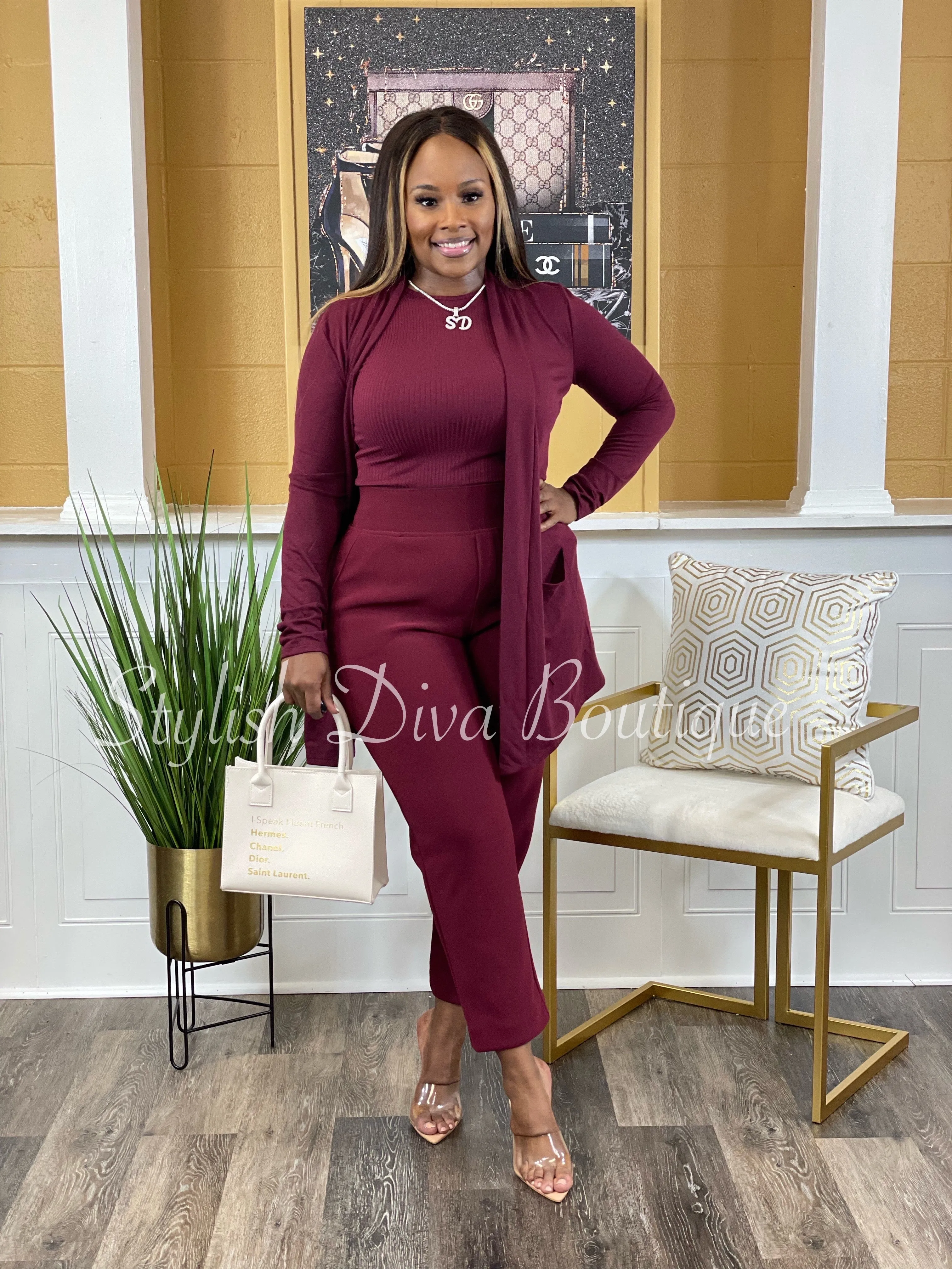 Business Inclusive 2pc Cardigan & Pants Set up to 3XL (Dk Burgundy)