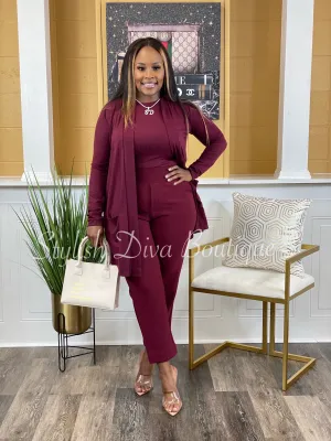Business Inclusive 2pc Cardigan & Pants Set up to 3XL (Dk Burgundy)