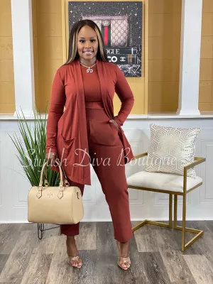 Business Inclusive 2pc Cardigan & Pants Set up to 3XL (Dk Rust)