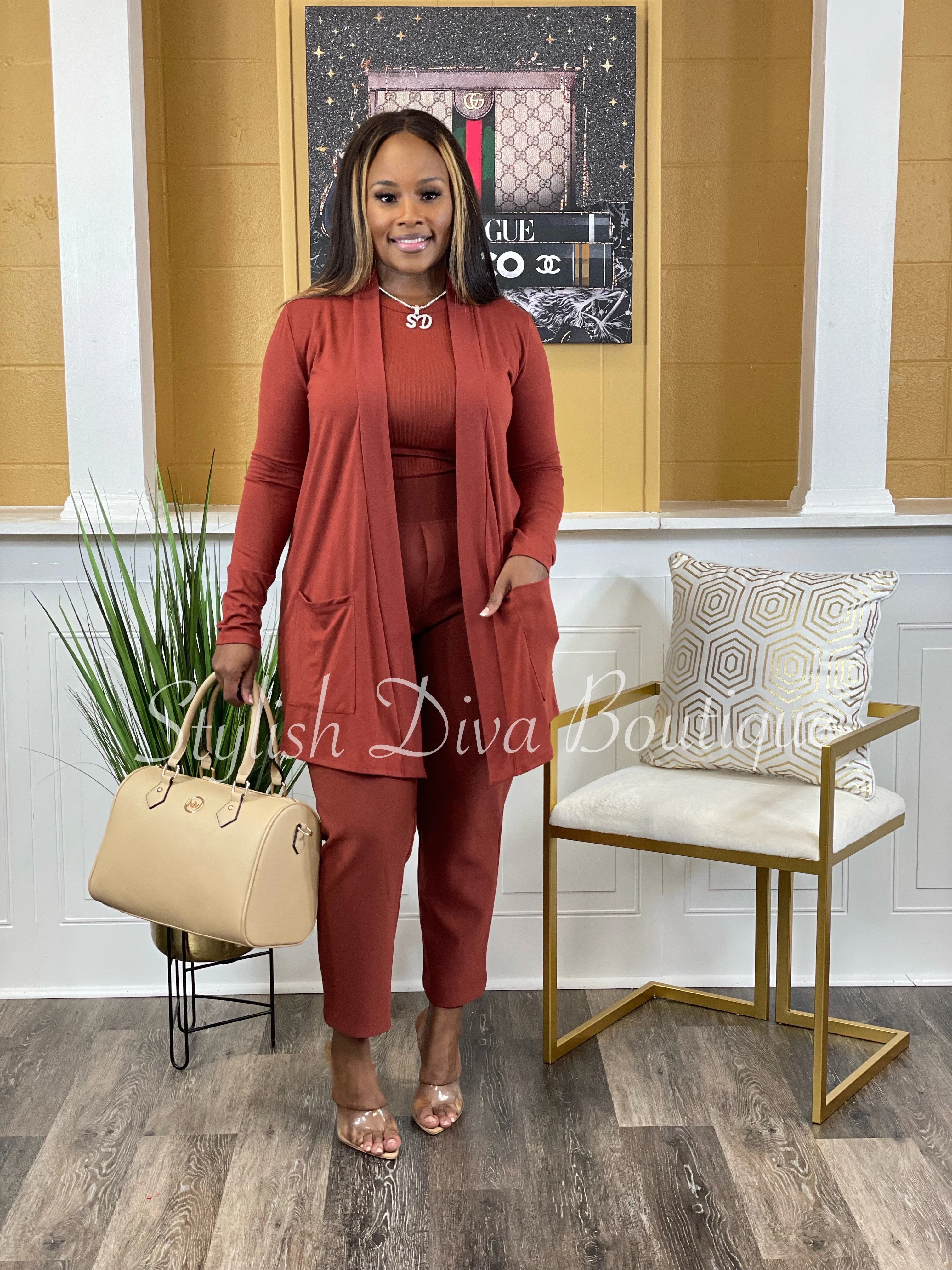 Business Inclusive 2pc Cardigan & Pants Set up to 3XL (Dk Rust)
