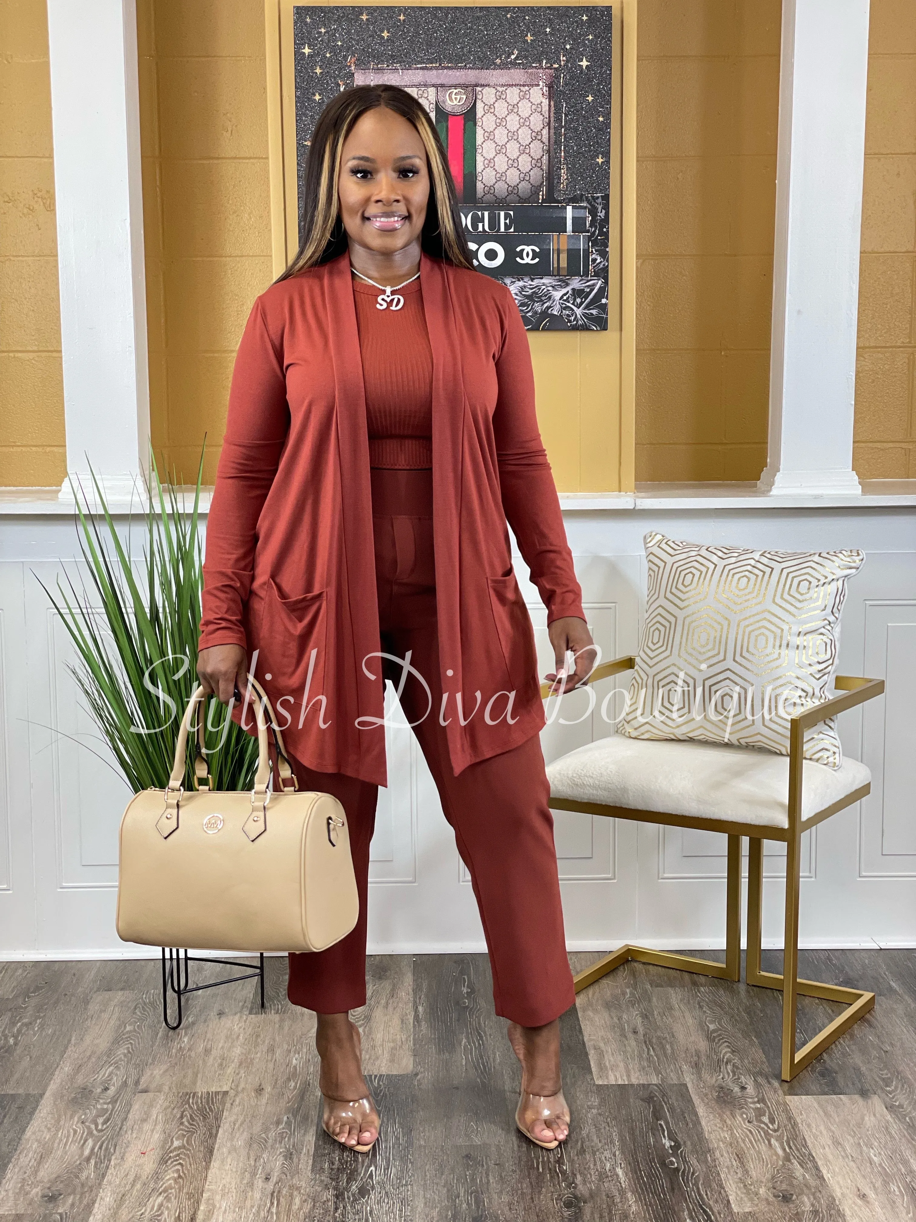 Business Inclusive 2pc Cardigan & Pants Set up to 3XL (Dk Rust)