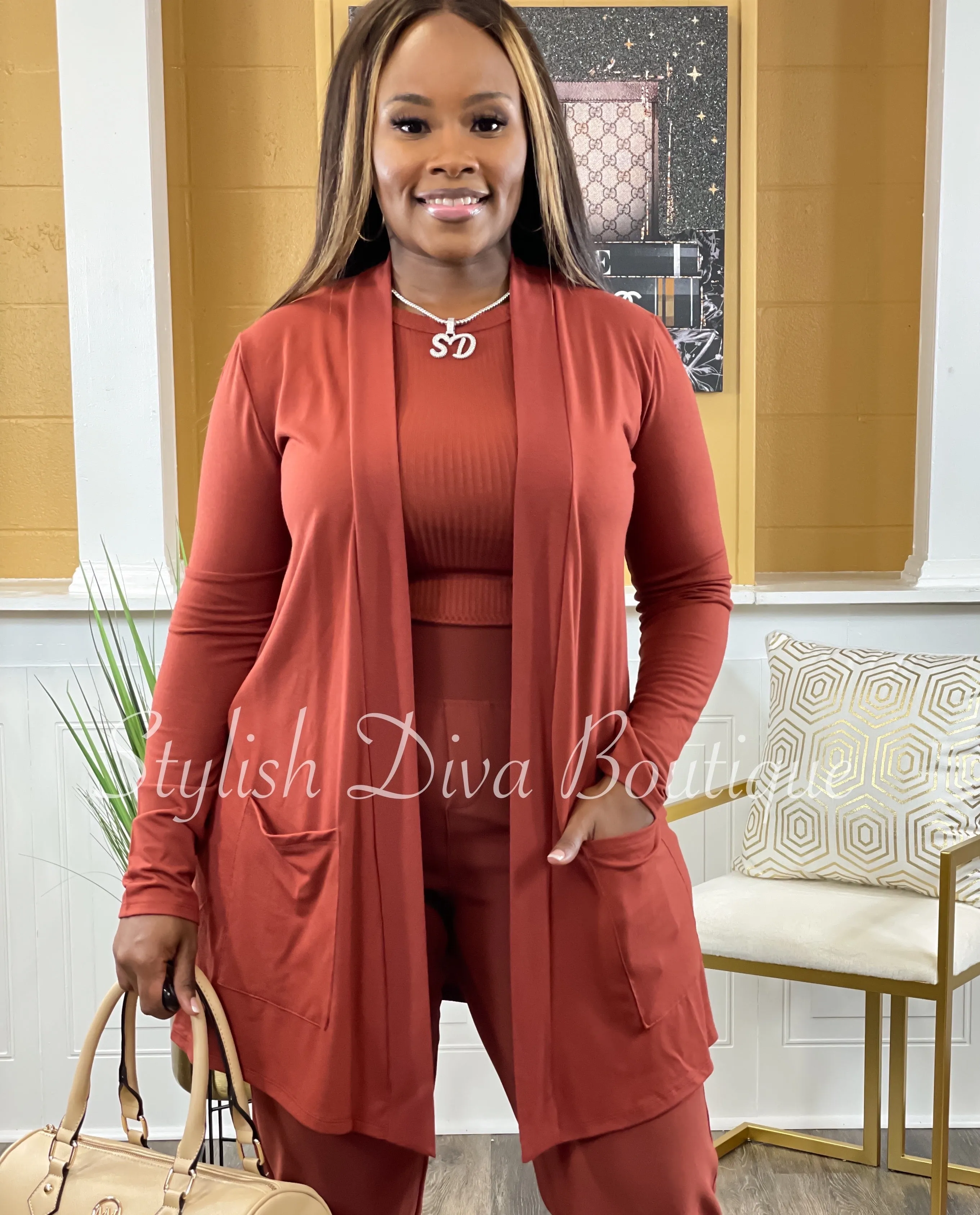 Business Inclusive 2pc Cardigan & Pants Set up to 3XL (Dk Rust)