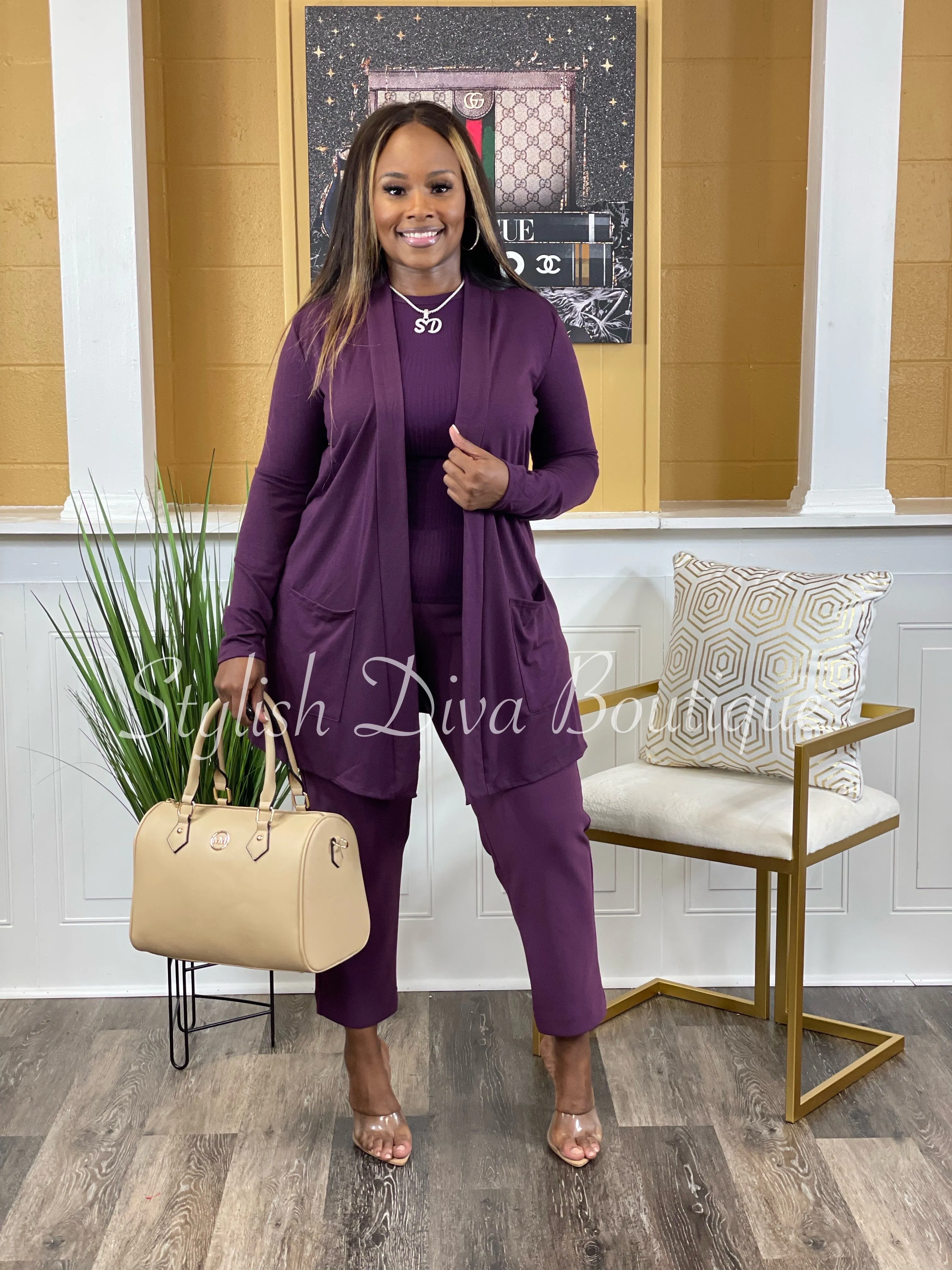 Business Inclusive 2pc Cardigan & Pants Set up to 3XL (Eggplant)