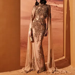 Camel Tulle Dress With Gold Embroidery