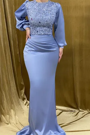 Charming Long Satin Sequins Mermaid Prom Dress With Long Sleeves