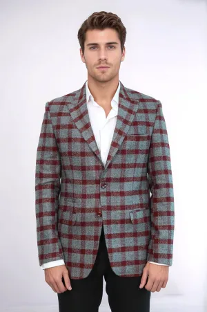 Checked Peak Lapel Slim-Fit Burgundy Men Blazer - Wessi