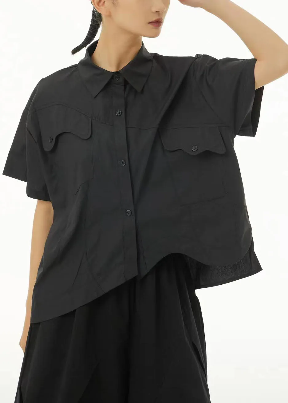 Chic Black Asymmetrical Design Oversized Cotton Shirt Tops Summer TS1046