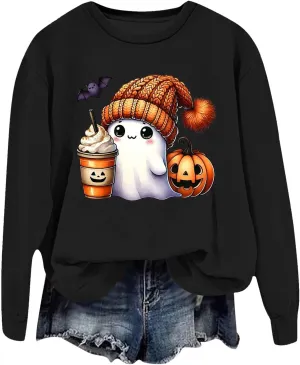 Christmas Halloween Sweatshirts For Women Pumpkin Ghost Pullover Sweater Cute Trendy Sweatshirt Funny Graphic Clothes