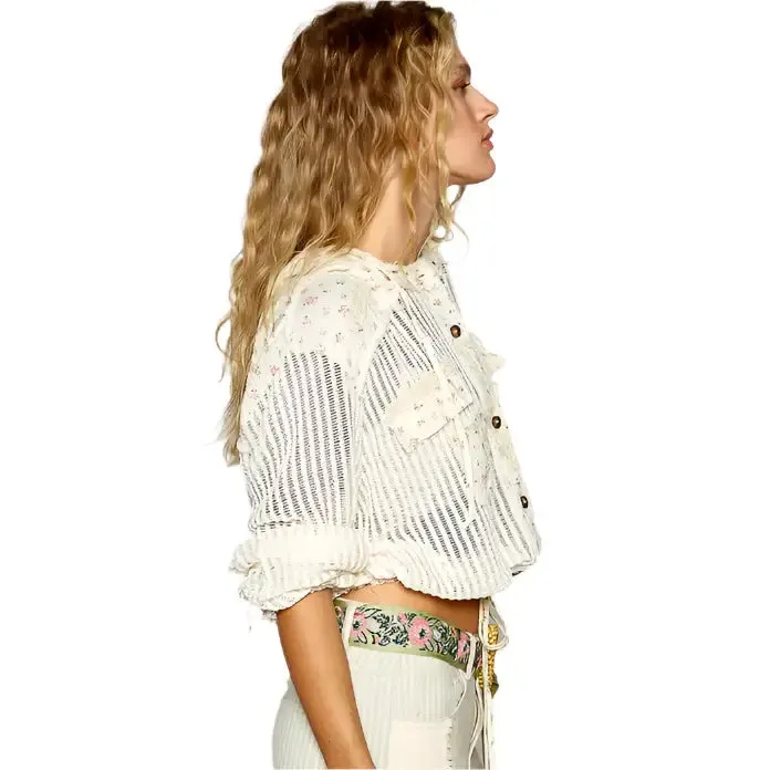 Cream Vintage Wash Floral Patch Crochet Top