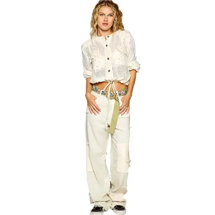 Cream Vintage Wash Floral Patch Crochet Top