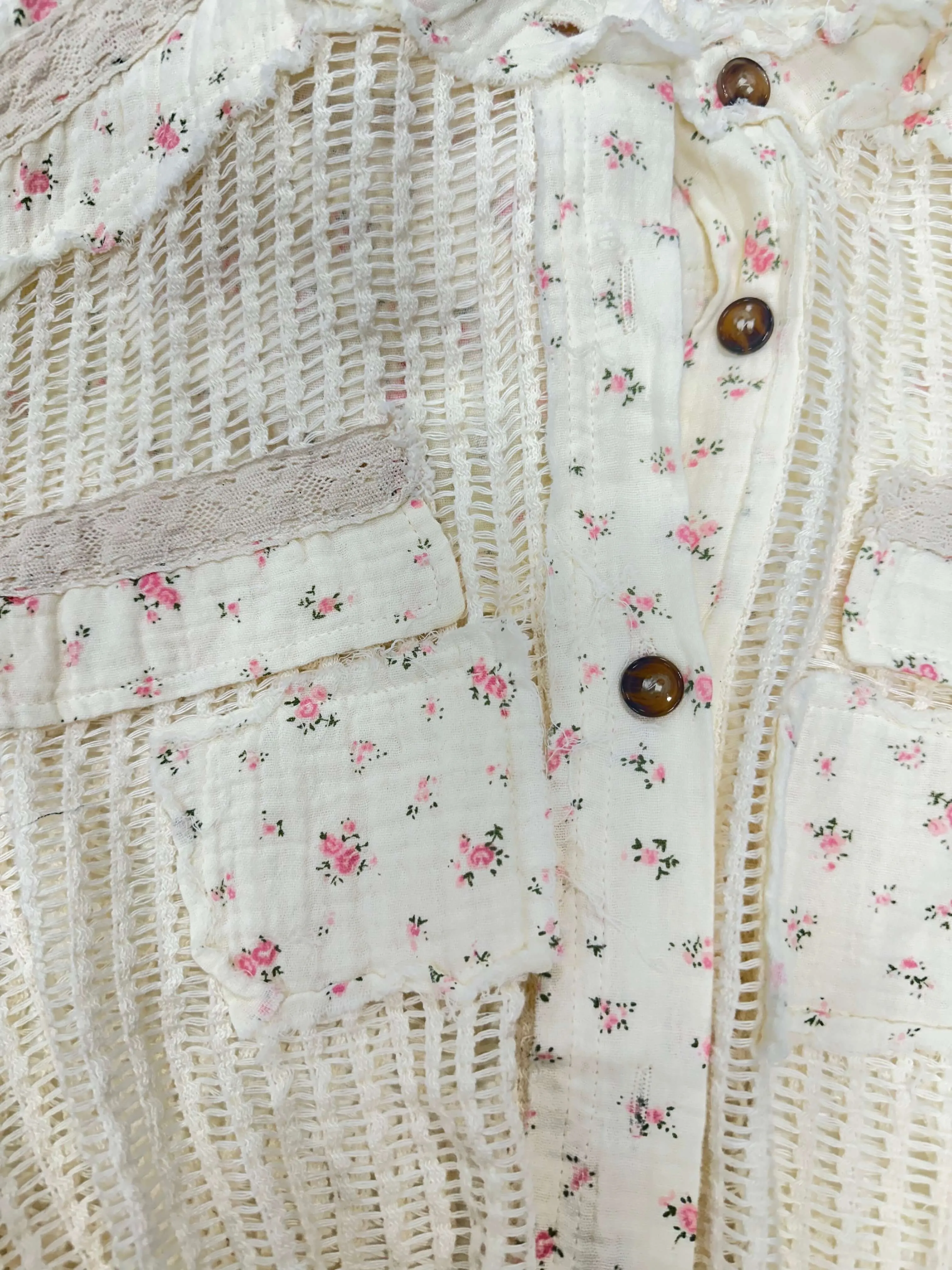 Cream Vintage Wash Floral Patch Crochet Top