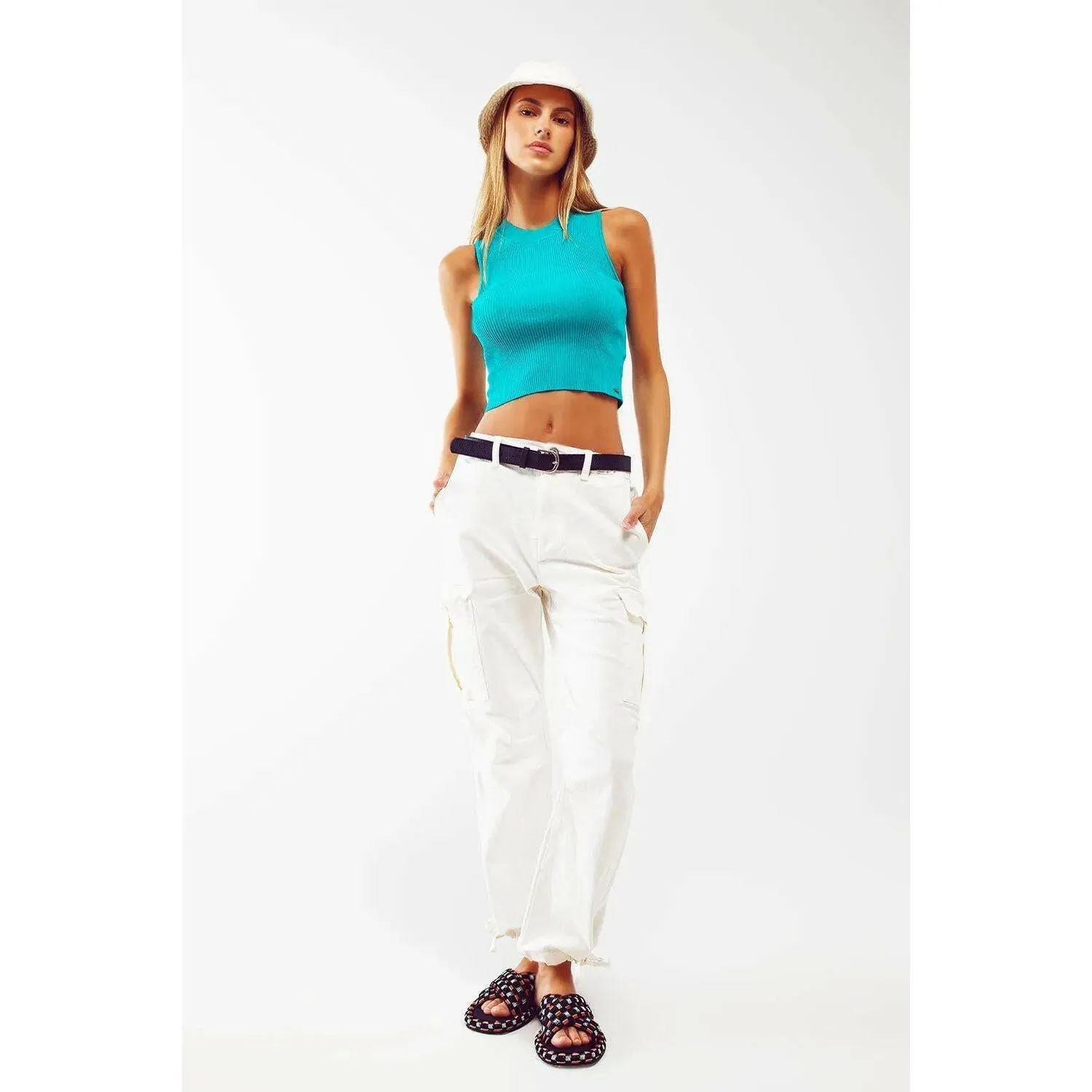 Cropped Knitted Tank Top in Turquoise