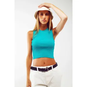Cropped Knitted Tank Top in Turquoise
