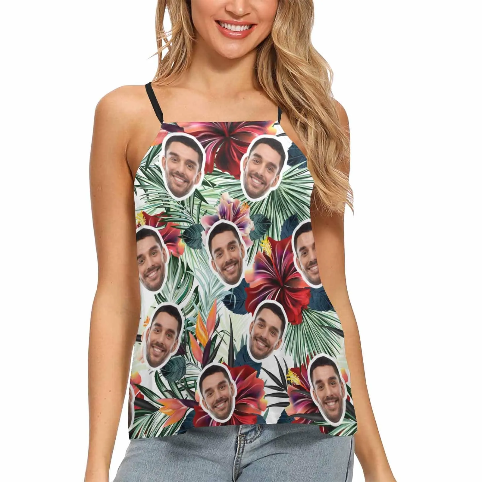 Custom Face Tops Tropical Leaves Women's Loose Fit Adjustable Halter Neck Tank Top