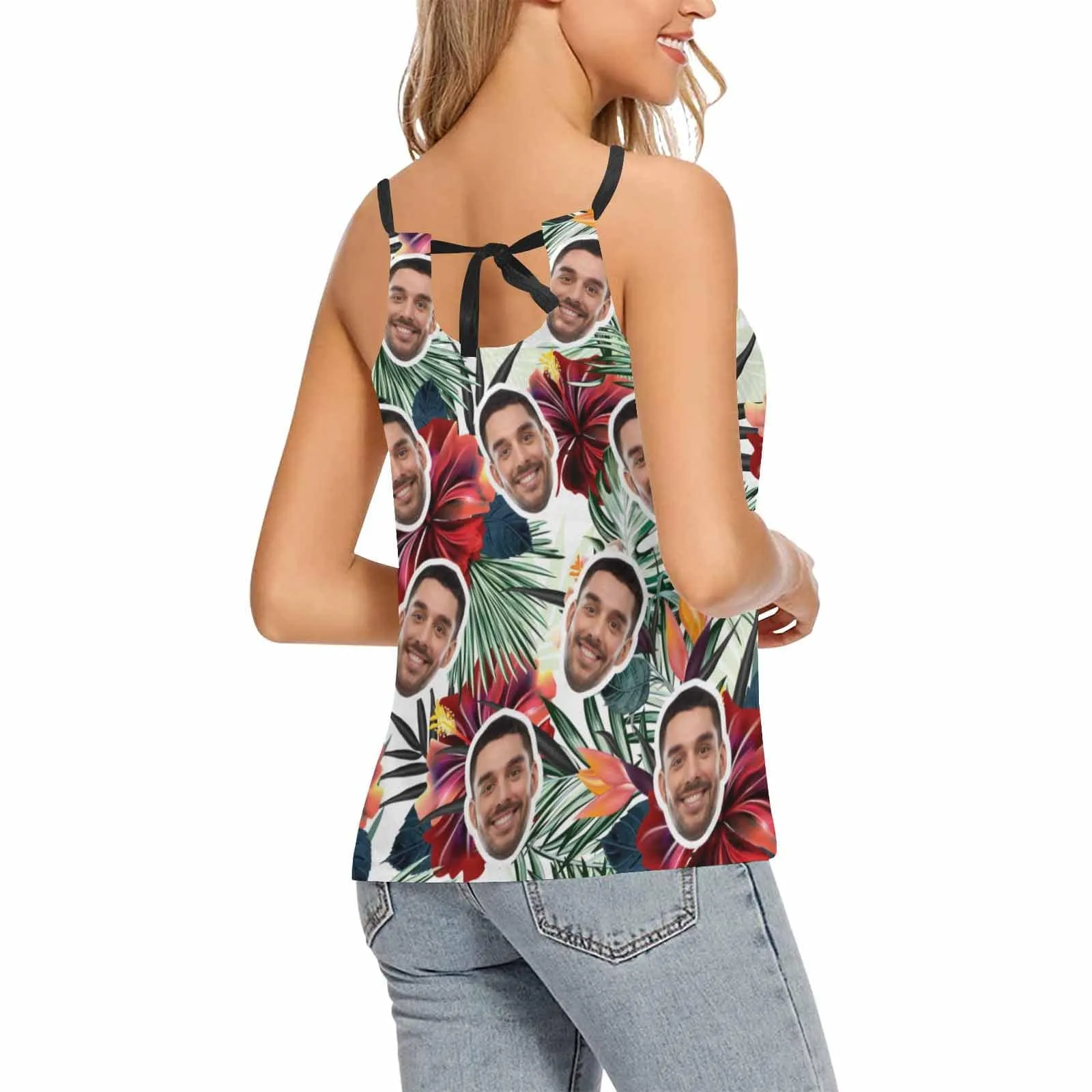 Custom Face Tops Tropical Leaves Women's Loose Fit Adjustable Halter Neck Tank Top