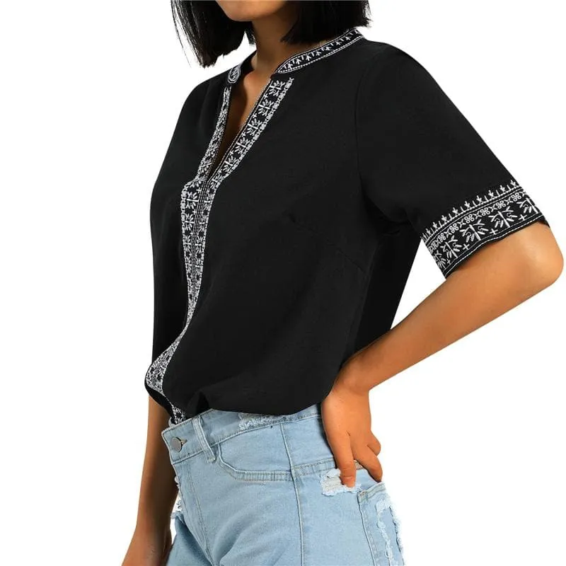 ETHNIC EMBROIDERY STITCHING V-NECK TOPS