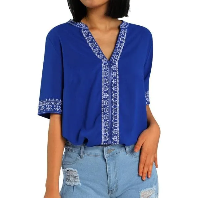 ETHNIC EMBROIDERY STITCHING V-NECK TOPS